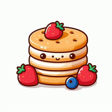 Cute pancakes with strawberries and blueberries. Vector cartoon illustration.のイラスト素材
