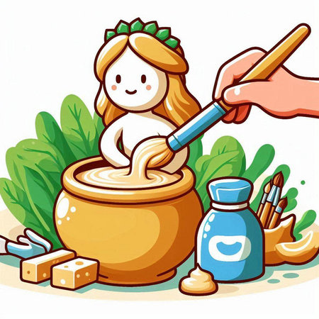 Illustration of a Cute Little Girl Pouring Cream into a Potのイラスト素材