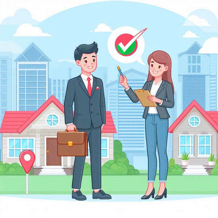 Real estate agent and buyer in front of new house. Vector illustrationのイラスト素材
