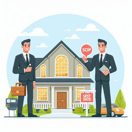 Real estate agent and buyer in front of house. Vector illustration.のイラスト素材