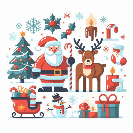 Christmas greeting card with Santa Claus, reindeer, gifts and snowman. Vector illustration.のイラスト素材