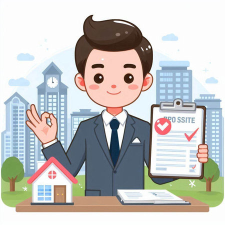 Real estate agent with house and checklist. Vector illustration in cartoon styleのイラスト素材