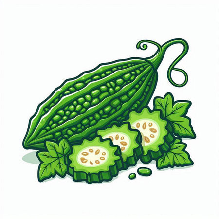 Bitter melon with green leaves isolated on white background. Vector illustration.のイラスト素材