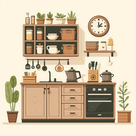 Kitchen interior with furniture and kitchenware. Vector illustration in flat styleのイラスト素材