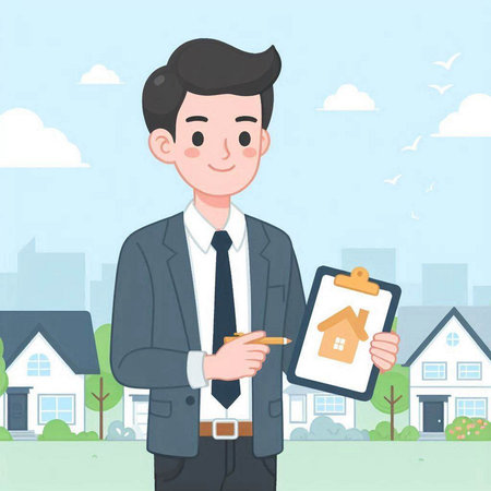 Real estate agent holding a house and a clipboard. Vector illustration.のイラスト素材