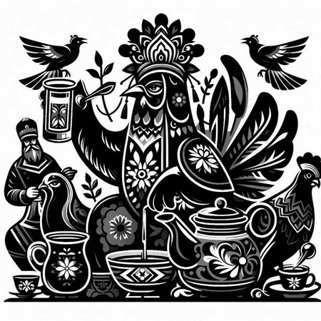 Pigeons and birds on the background of the Ukrainian national patternのイラスト素材