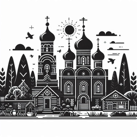 Church in the village. Black and white vector illustration in sketch style.のイラスト素材