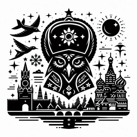 Monochrome vector illustration with the image of an owl on the background of the Moscow Kremlin.のイラスト素材