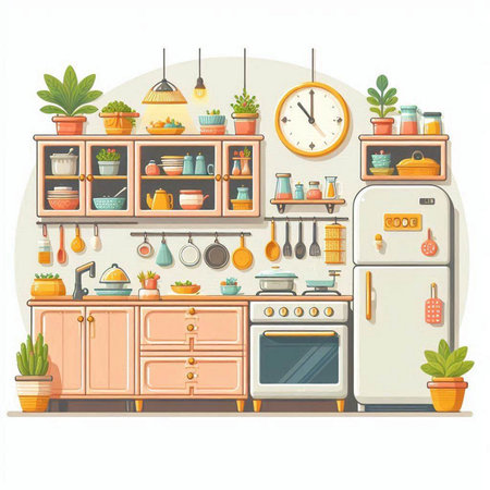 Kitchen interior with furniture and kitchenware. Vector illustration in cartoon styleのイラスト素材