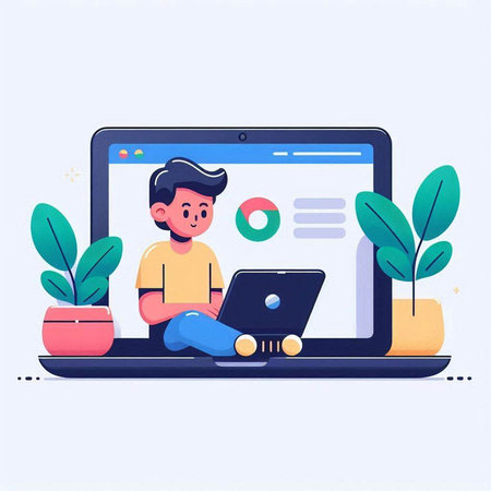 Man sitting on laptop and working. Vector illustration in flat style.のイラスト素材