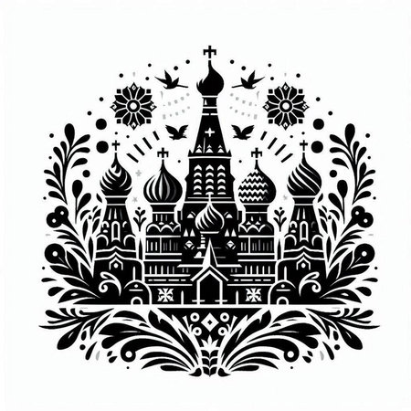Ornament with Cathedral of St. Basil the Blessed, Moscow, Russiaのイラスト素材