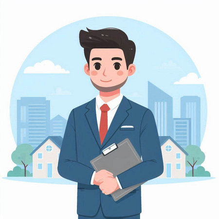 Businessman holding clipboard and standing on city background. Vector illustration in cartoon styleのイラスト素材