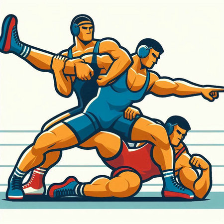 Cartoon illustration of two sportsmen wrestling in front of each otherのイラスト素材