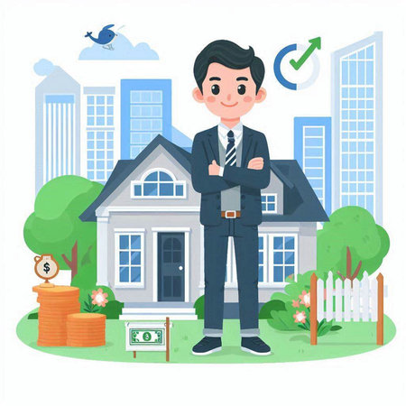 Real estate agent in front of house. Vector illustration in flat styleのイラスト素材