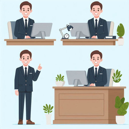 Businessman in the office. Set of vector illustrations. Cartoon character.のイラスト素材