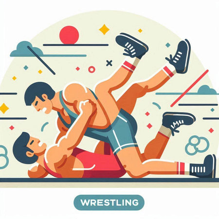 Wrestling sport vector illustration. Flat style design of two men wrestling on the floor.のイラスト素材