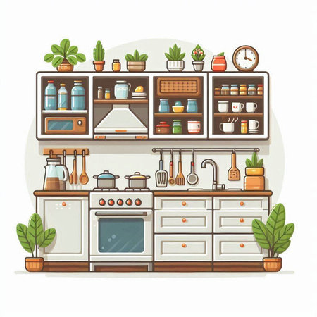 Kitchen interior with furniture and kitchenware. Flat vector illustration.のイラスト素材