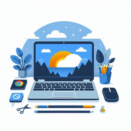 Laptop with cloud and sun on screen. Flat style vector illustration.のイラスト素材
