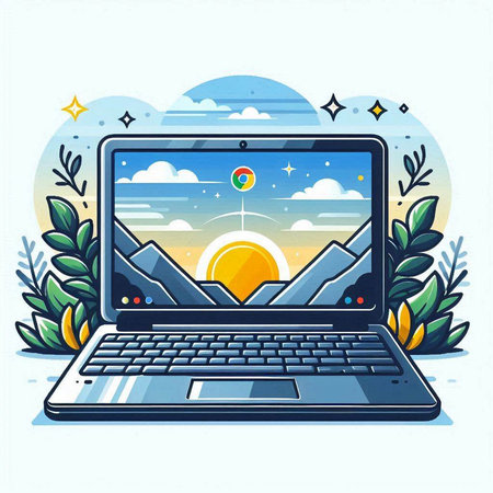Laptop with landscape and sun on screen. Flat vector illustration.のイラスト素材