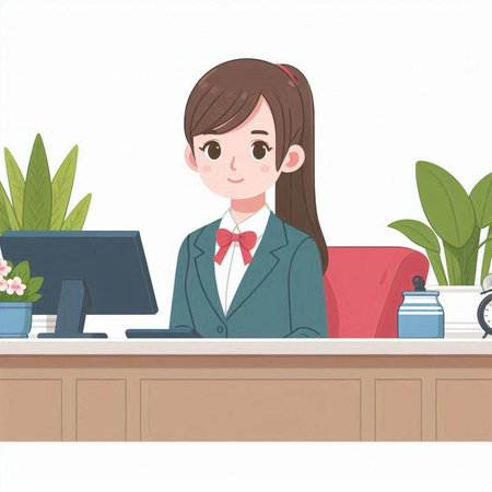 Business woman at the desk in the office. Cartoon vector illustration.のイラスト素材
