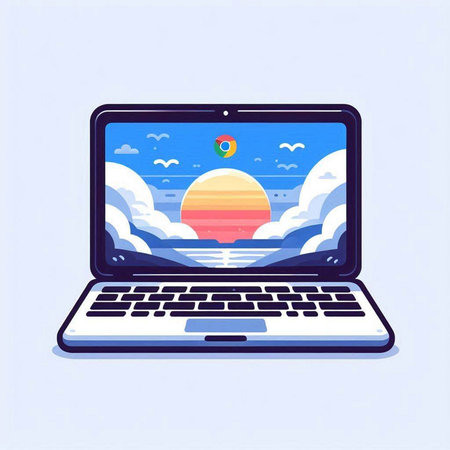 Laptop with sunset in the sky. Vector illustration in flat style.のイラスト素材