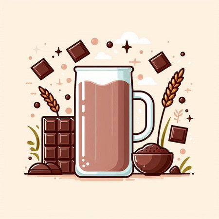 Vector illustration of a glass of hot chocolate with pieces of chocolate, cocoa beans, and chocolate bars.のイラスト素材