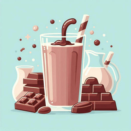 Illustration of a glass of chocolate milkshake with milk and chocolate piecesのイラスト素材