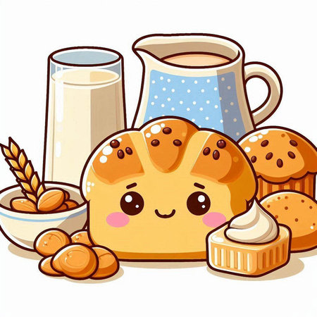 Illustration of a Cute Cartoon Bread Character with Milk and Cookiesのイラスト素材