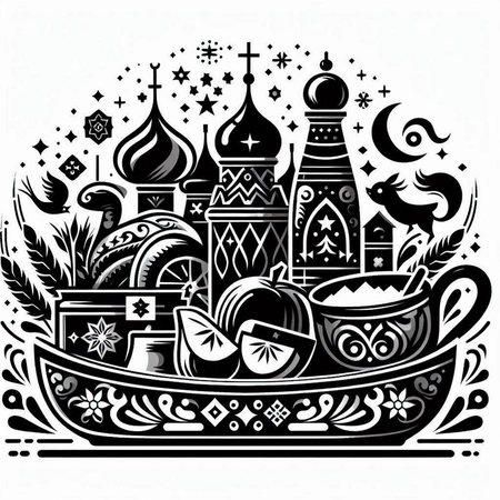 Ornament with elements of the traditional Russian cuisine. Vector illustrationのイラスト素材