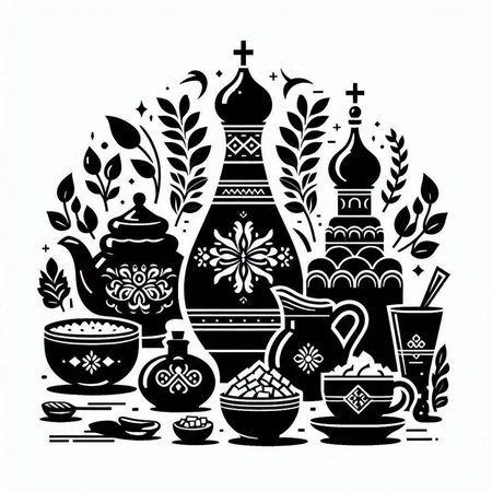 Russian cuisine. Black and white vector illustration with elements of the traditional cuisine.のイラスト素材