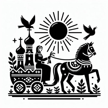 Vector illustration of a horse drawn carriage with the image of the Virgin Mary, the Holy Saviour and the Holy Trinity.のイラスト素材