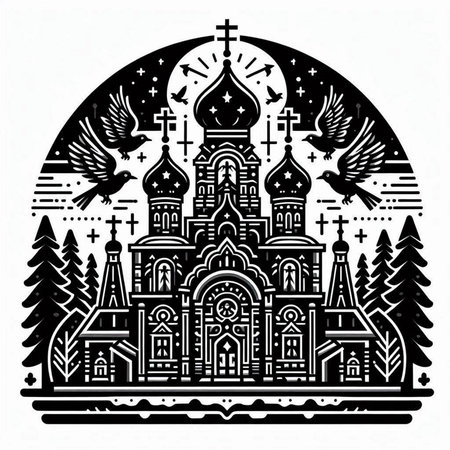 Church of the Intercession of the Blessed Virgin Mary. Monochrome vector illustrationのイラスト素材