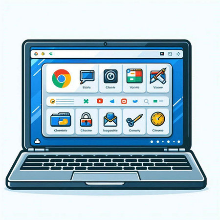 Laptop with application icon set on screen. Vector illustration in cartoon style.のイラスト素材
