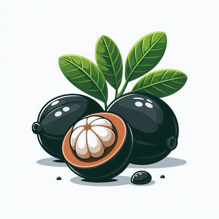 Fresh mangosteen fruit with leaves on white background. Vector illustration.のイラスト素材