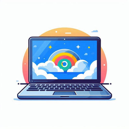 Laptop computer with cloud computing icon on screen. Flat vector illustration.のイラスト素材