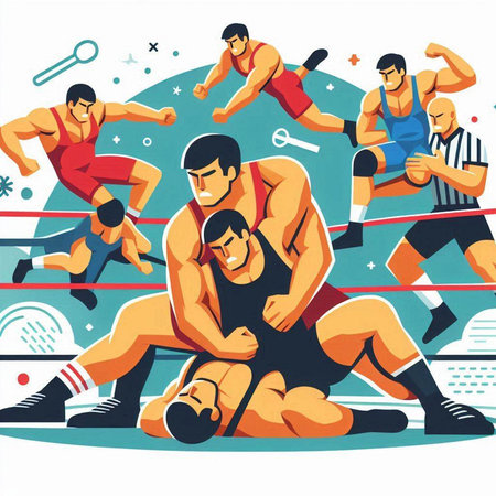 Vector illustration of a group of men in the ring. Sports competition.のイラスト素材