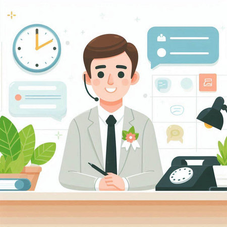 Call center, customer service. Young man in a white shirt and tie sits at a desk in the office. Vector illustration.のイラスト素材