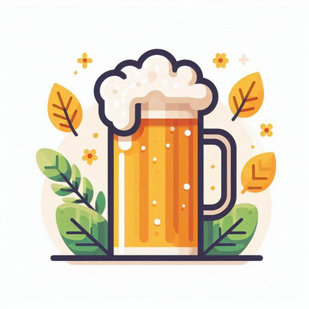 Beer mug with foam and leaves. Vector illustration in flat style.のイラスト素材