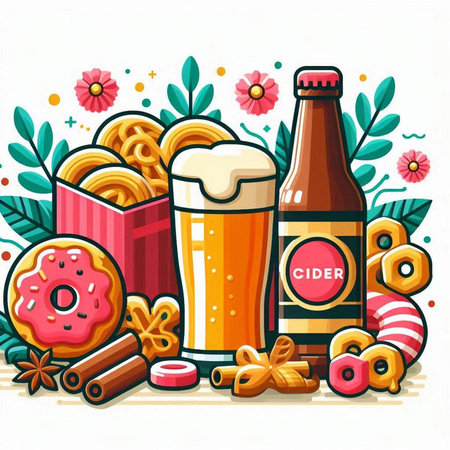 Vector illustration of various types of beer and snacks on white background.のイラスト素材