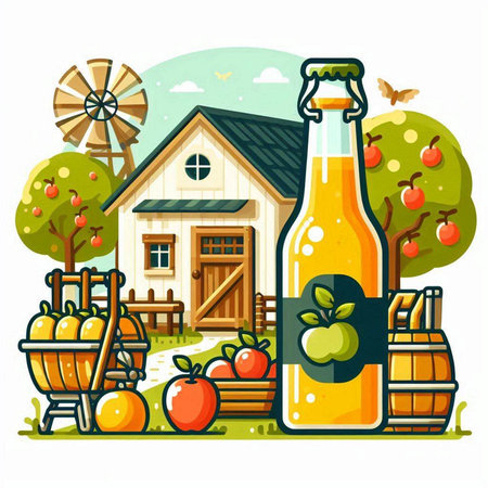 Vector illustration of a bottle of cider in front of a farm house.のイラスト素材