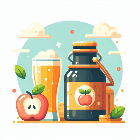 Apple juice and apple juice. Vector illustration in flat cartoon style.のイラスト素材