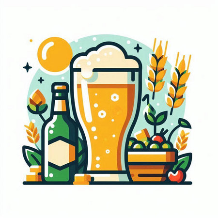 Vector illustration of a glass of beer, wheat ears and a bottle of beer.のイラスト素材