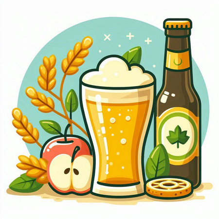 Illustration of beer, apple and pretzel. Vector illustration.のイラスト素材