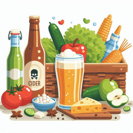 Vector illustration of a bottle of beer, glass of beer, fruits and vegetablesのイラスト素材