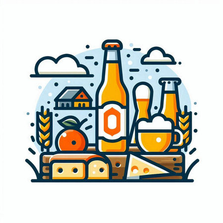 Picnic flat line icon. Vector illustration of food and drink.のイラスト素材