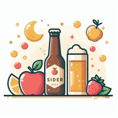 Bottle of beer, apple, carrot, orange, strawberry, moon. Vector illustration.のイラスト素材