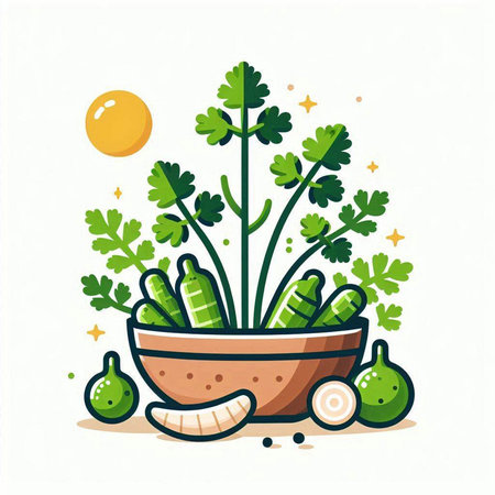 Cucumber and parsley in a bowl. Vector illustration.のイラスト素材