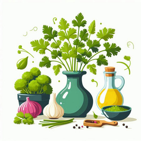 Parsley, garlic, olive oil, parsley, dill, pepper, onion. Vector illustration.のイラスト素材