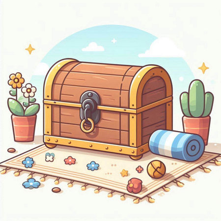 Illustration of a wooden treasure chest on the carpet with flowers.のイラスト素材