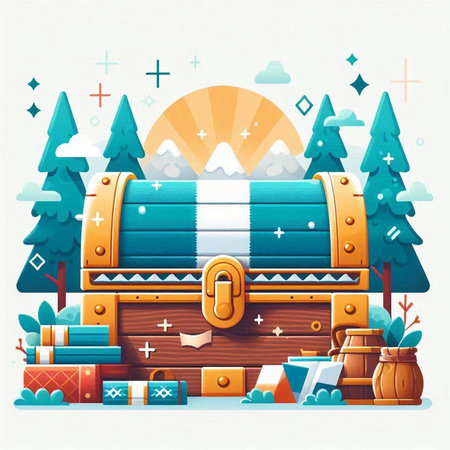 Wooden treasure chest in the forest. Vector illustration in flat style.のイラスト素材